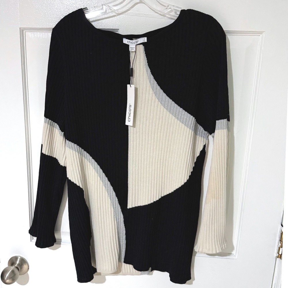 Chico's Ribbed Abstract Colorblock Sweater Black Cream Silver Metallic Size 3 XL